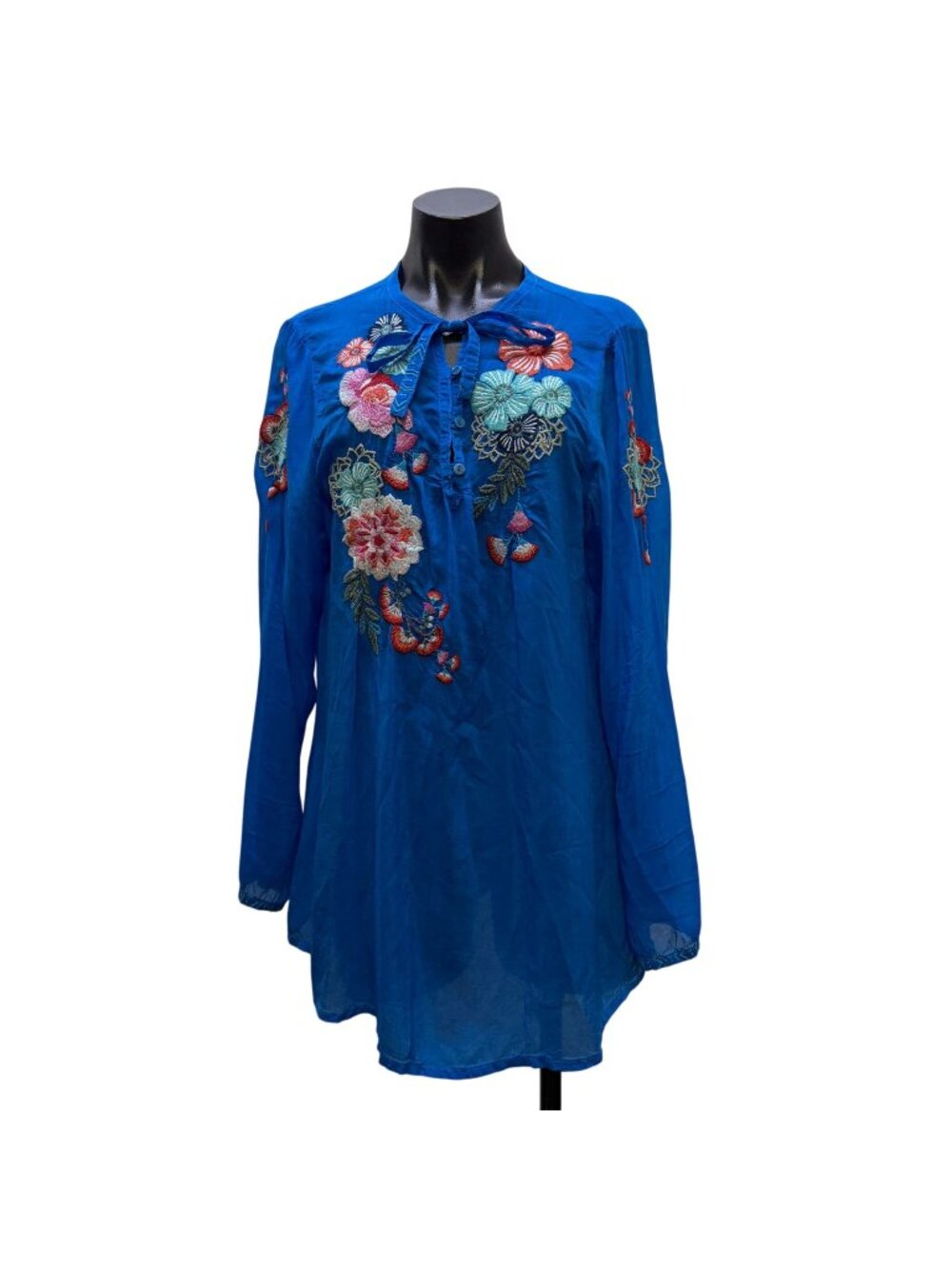 Johnny Was Blue Floral Embroidered Blouse With Long Sleeves Size L